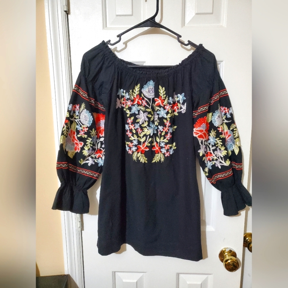 Free People Boho Fleur Du Jour Floral Embroidered Black Dress/Top Pockets Small